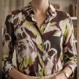 Barbara Lebek 100% Linen Abstract Floral Blouse 3/4 Sleeve Vibrant Sz M